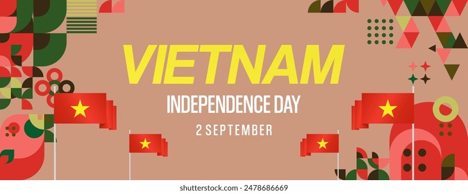 Anuncio del Día de la Independencia de Vietnam en estilo geométrico moderno. Amplio Anuncio para el día de celebración con banderas y tipografía. Fondos de celebración de festividades nacionales. Feliz Día de la Independencia de Vietnam