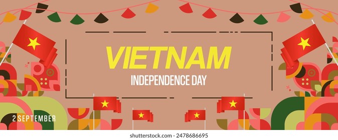 Vietnam Independence Day banner in modern geometric style. Wide banner for celebration day with flags and typography. National holiday celebration backgrounds. Happy Vietnam Independence Day