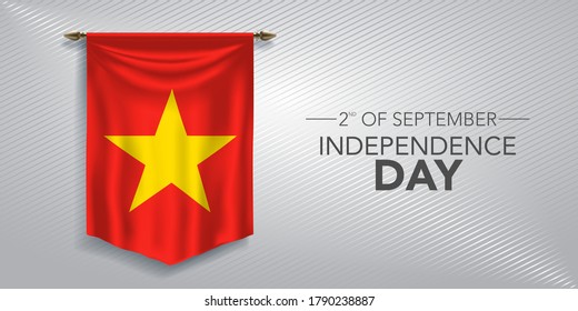 Tarjeta de saludo del Día de la Independencia de Vietnam, cartel, ilustración vectorial. Día nacional vietnamita 2 de septiembre antecedentes con inclinación