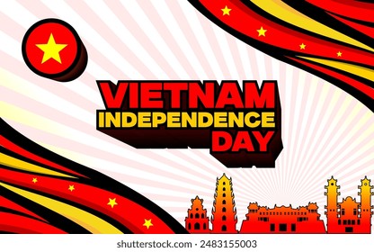 Vietnam Independence Day Illustration on 02 September 1945. with thick outline lines and several landmarks of Vietnam