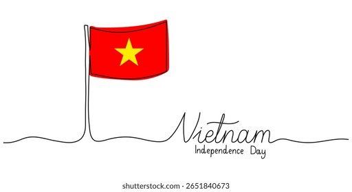 Vietnam Independence Day one line hand drawn lettering. Vietnamese National holiday celebrated on September 2 text banner. Vector template for typography poster, greeting card, flyer. Editable stroke.