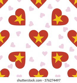Vietnam independence day seamless pattern. Patriotic country flag background. Vietnam flag in the shape of heart. Vector seamless pattern.