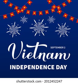 Afiche de tipografía del Día de la Independencia de Vietnam. Fiesta nacional vietnamita celebrada el 2 de setiembre. Plantilla vectorial para banner, tarjeta de saludo, volante, etc.