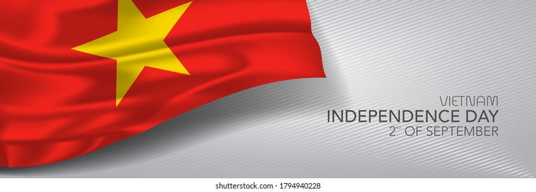 Vietnam independence day vector banner, greeting card. Vietnamese wavy flag in 2nd of September national patriotic holiday horizontal design