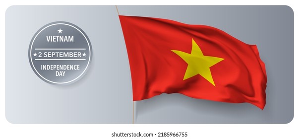 Vietnam independence day vector banner, greeting card. Vietnamese wavy flag in 2nd of September national patriotic holiday horizontal design