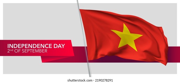 Cartel vectorial del día de la independencia de Vietnam, tarjeta de saludo. Bandera ondulada vietnamita en el diseño horizontal de la festividad patriótica el 2 de septiembre