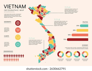 Mapa de Infográfico do Vietnã com distritos administrativos separados, camadas separadas editáveis, zonas e elementos de visualização de dados. Mapa infográfico para apresentação. Ilustração vetorial