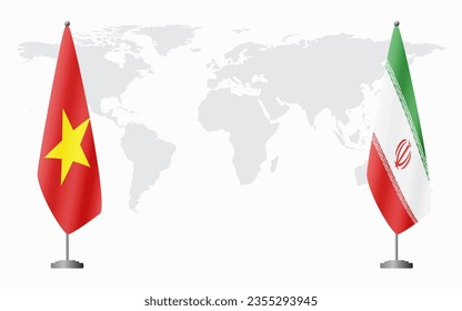 Vietnam and Iran flags for official meeting against background of world map.