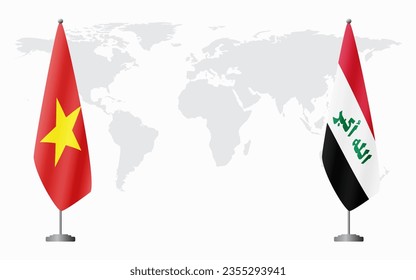 Vietnam and Iraq flags for official meeting against background of world map.