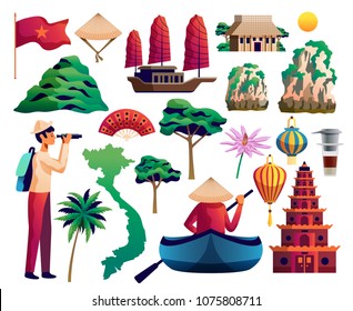 Vietnam isolated icons set of vietnamese landmarks traditional cultural symbols national flag vector illustration 