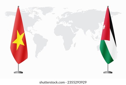 Vietnam and Jordan flags for official meeting against background of world map.