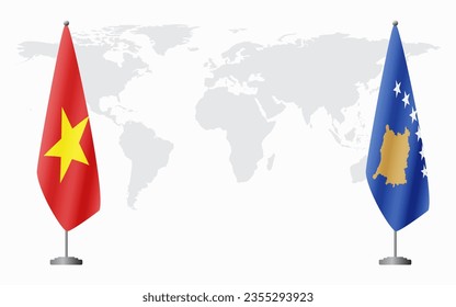 Vietnam and Kosovo flags for official meeting against background of world map.