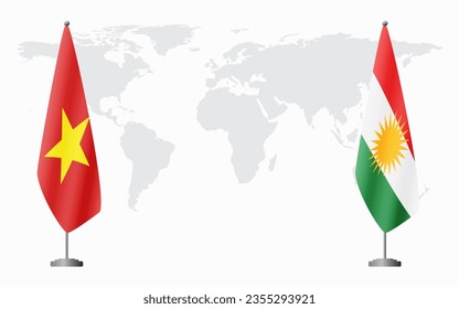 Vietnam and Kurdistan flags for official meeting against background of world map.