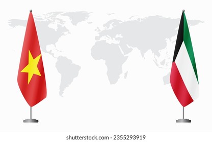 Vietnam and Kuwait flags for official meeting against background of world map.