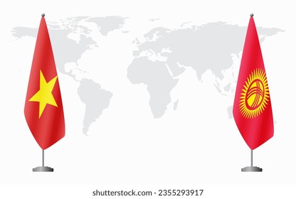 Vietnam and Kyrgyzstan flags for official meeting against background of world map.