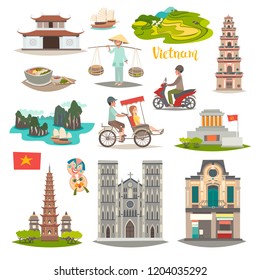 Vietnam landmark vector icons set. Illustrated travel collection about Vietnam.  Vietnamese traditional cultural symbols and  architecture. Asian travel attraction, isolated on white background