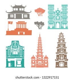 Vietnam landmark vector set. Contour cartoon icon. Travel collection about Vietnam. Vietnamese  architecture. Asian travel attraction, isolated on white background