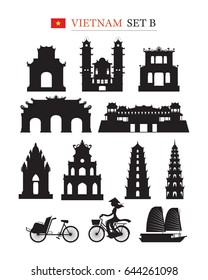 Vietnam Landmarks Architecture Building Object Set, Design Elements, Black and White, Silhouette