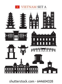 Vietnam Landmarks Architecture Building Object Set, Design Elements, Black and White, Silhouette