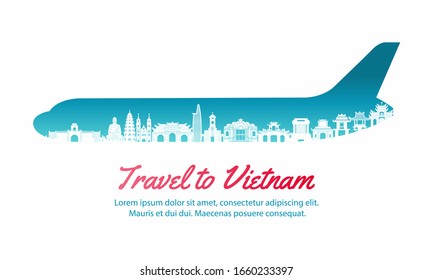 vietnam landmarks inside with plane shape in concept art by silhouette style,vector illustration