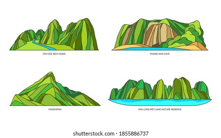 Vietnam landmarks or landscape, mountains icon set