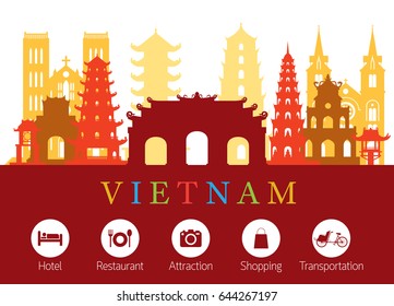 Vietnam Landmarks Skyline with Accommodation Icons, Cityscape, Travel and Tourist Attraction