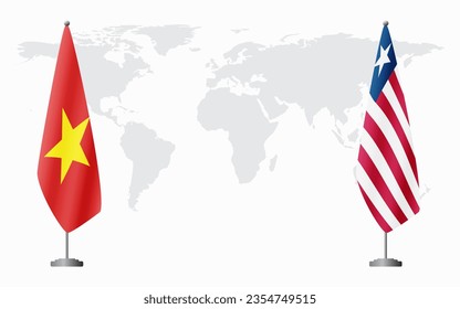 Vietnam and Liberia flags for official meeting against background of world map.