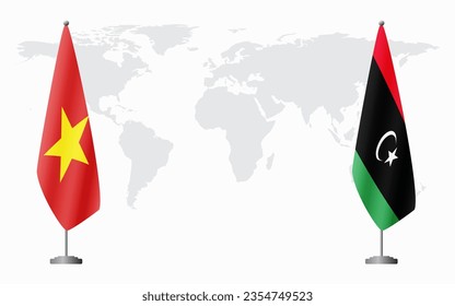 Vietnam and Libya flags for official meeting against background of world map.