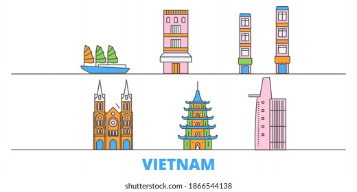 Vietnam line cityscape, flat vector. Travel city landmark, oultine illustration, line world icons