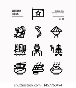 Vietnam line icon set 1. Include flag, landmark, people, food and more. Outline icons Design. vector