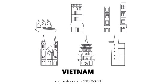 Vietnam line travel skyline set. Vietnam outline city vector illustration, symbol, travel sights, landmarks.