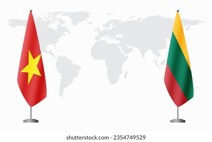 Vietnam and Lithuania flags for official meeting against background of world map.