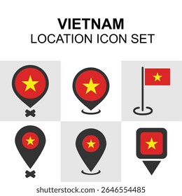 Vietnam location icon pack with national flag in various pin designs, perfect for Southeast Asia travel, business, or culture maps.