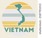 Vietnam logo. Sign with the map of the country and colored stripes, vector illustration. Can be used as insignia, logotype, label, sticker or badge of Vietnam.