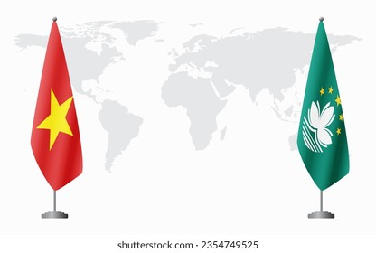 Vietnam and Macau flags for official meeting against background of world map.