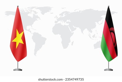 Vietnam and Malawi flags for official meeting against background of world map.