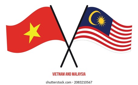 Vietnam and Malaysia Flags Crossed And Waving Flat Style. Official Proportion. Correct Colors.