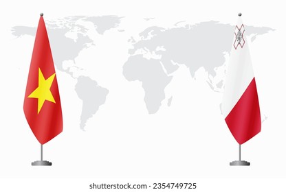 Vietnam and Malta flags for official meeting against background of world map.