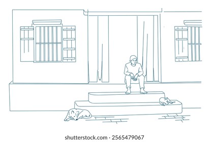 vietnam man sitting front of his house with dogs in early morning - country life