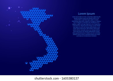 Vietnam map from 3D classic blue color cubes isometric abstract concept, square pattern, angular geometric shape, glowing stars. Vector illustration.