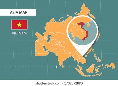 Vietnam map in Asia zoom version, icons showing Vietnam location and flags.