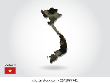 Vietnam Map With Camouflage Pattern, Forest - Green Texture In Map. Military Concept For Army, Soldier And War. Coat Of Arms, Flag.