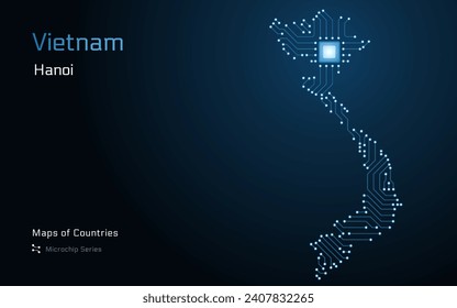 Vietnam Map with a capital of Hanoi Shown in a Microchip Pattern with processor. E-government. World Countries vector maps. Microchip Series