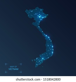 Vietnam map with cities. Luminous dots - neon lights on dark background. Vector illustration.