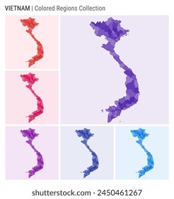 Vietnam map collection. Country shape with colored regions. Deep Purple, Red, Pink, Purple, Indigo, Blue color palettes. Border of Vietnam with provinces for your infographic. Vector illustration.