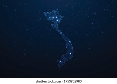Conexión al mapa de Vietnam. Resumen Tecnología Digital 3D Mesh Línea de red poligonal, área de diseño, punto y estructura en fondo oscuro. EPS10 de ilustración vectorial.
