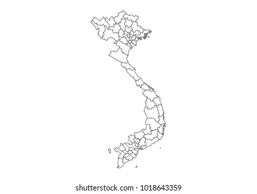 vietnam map with country borders, thin black outline on white background. High detailed vector map with counties/regions/states - vietnam. contour, shape, outline, on white.
