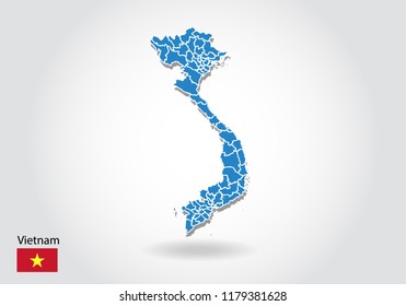Vietnam map design with 3D style. Blue Vietnam map and National flag. Simple vector map with contour, shape, outline, on white.