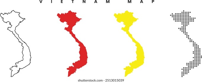Vietnam map detailed in outline, red color, yellow color, dotted style