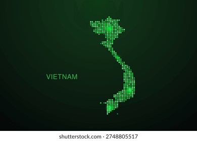 Vietnam Map - Digital dotted map with glowing green points on dark background, modern technology style, abstract data network design, clean minimal geometric vector illustration.
